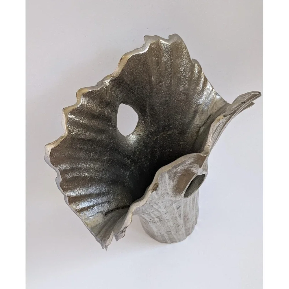 Postmodern Ginkgo Leaf Metal Vase Cast Aluminum? Sculptural Silver Decor 12.5